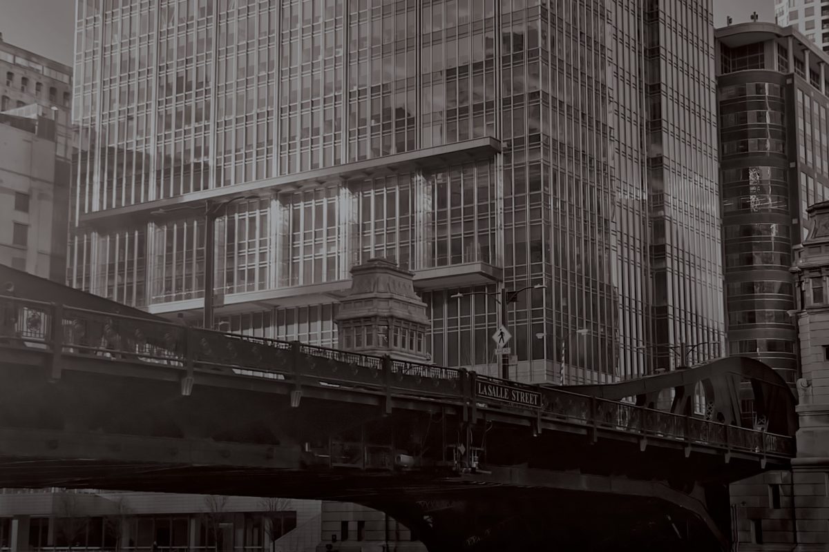 Greyscale image of Chicago skyline buildings